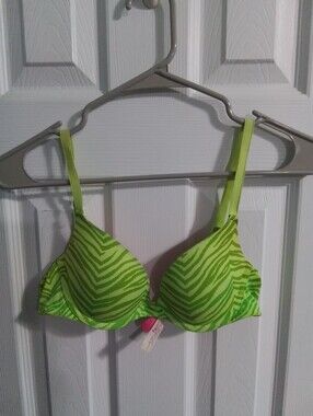 Vintage Pink Victorias Secret Neon Green Zebra Print Push-Up Bra